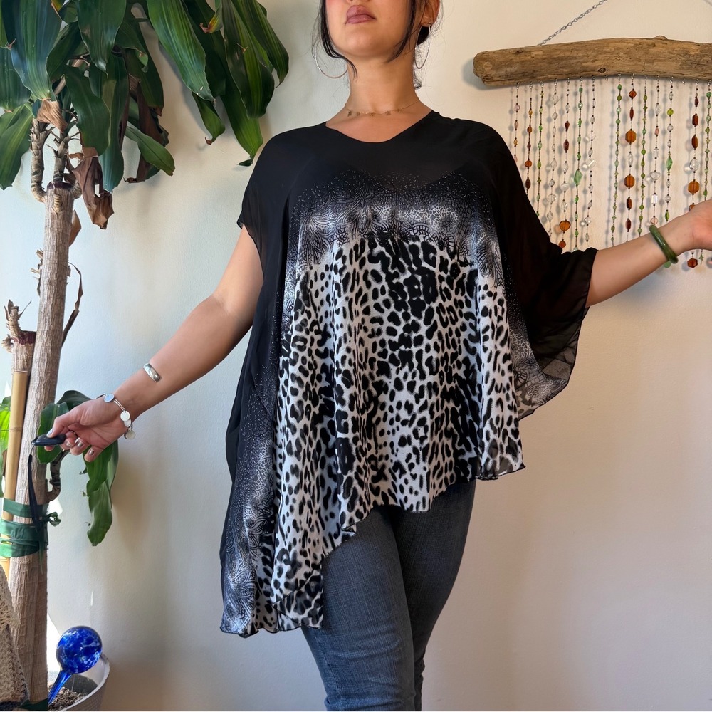 Y2K Tuscan Mom Asymmetrical Leopard beaded Mesh Off Shoulder Cape Poncho one S